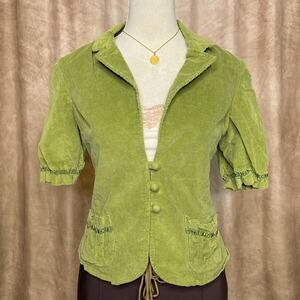 Vintage Y2K Corduroy Puffy Sleeve Cropped Blazer Jacket Green Indie Fairycore